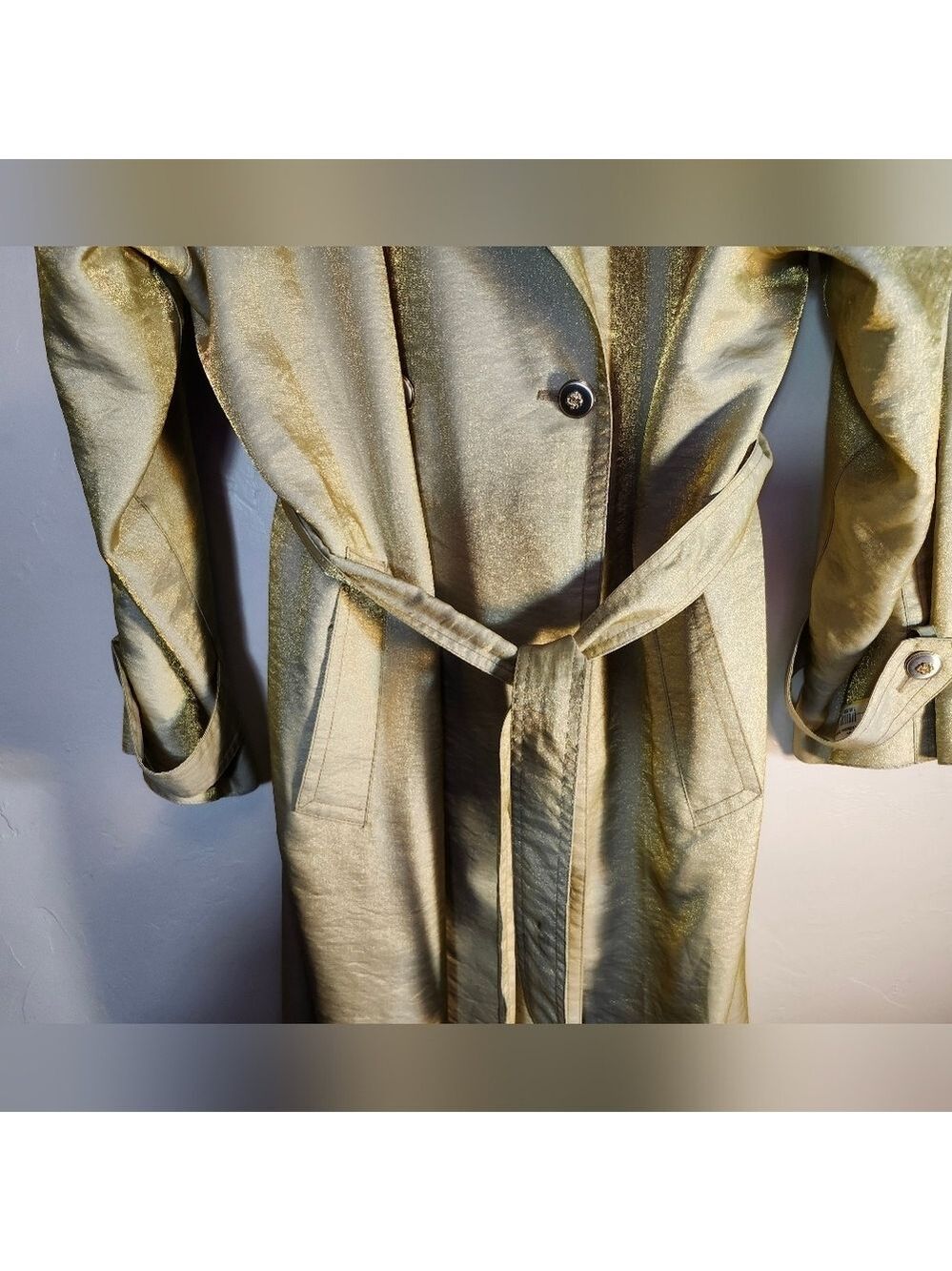 Laura Winston Gold Metalic Vintage Maxi Trench Coat Sz 14 - Picture 7 of 16